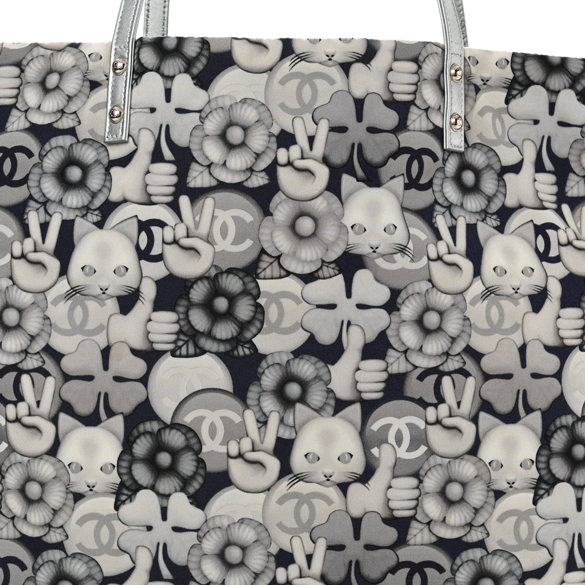 Nylon Cat Emoticon Tote Navy Silver