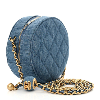 Denim Quilted Round Pearl Crush Clutch With Chain Blue