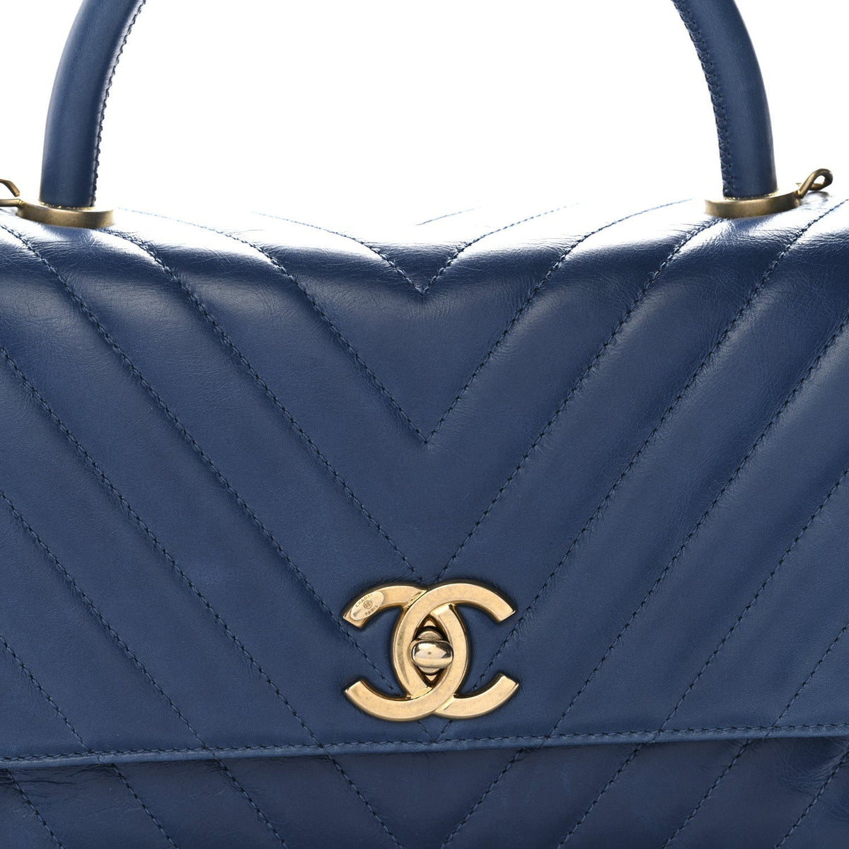 Aged Calfskin Chevron Quilted Small Coco Handle Flap Blue
