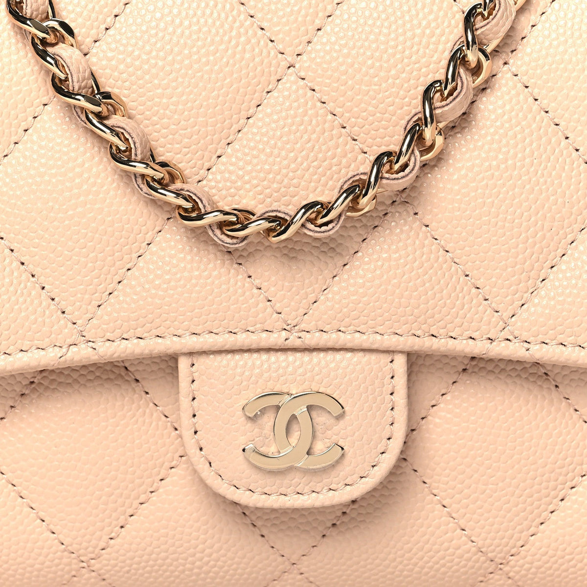 Caviar Quilted Phone Holder Wallet on Removable Chain Light Beige
