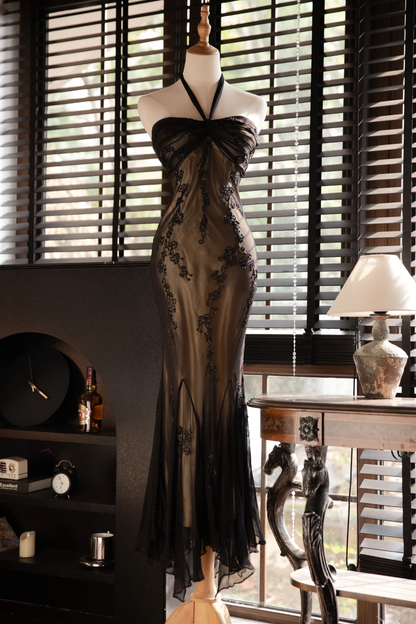 Vintage Black Applique Design Elegant Chiffon Evening Dress Prom Dress D1514