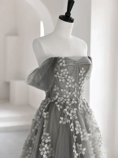 Green tulle lace long prom dress A line evening dress M5323