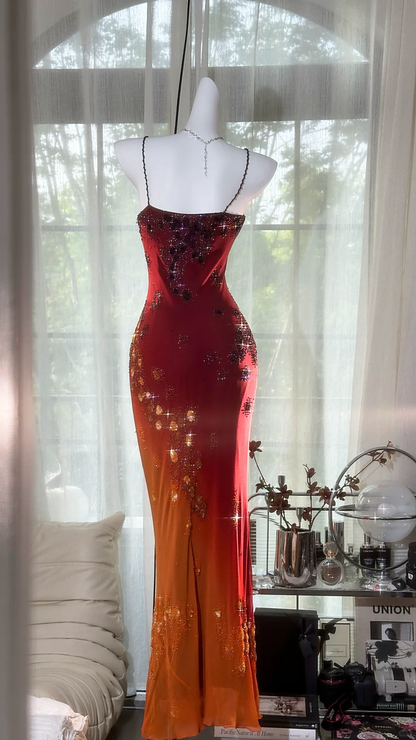 Vintage Beaded Sparkling Long Chiffon Spaghetti Strap Luxury Evening Dress Prom Dresses D1499