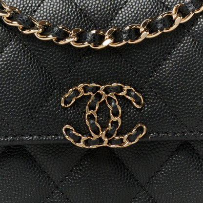 Caviar Quilted Double Chain Top Handle Flap With Chain Black