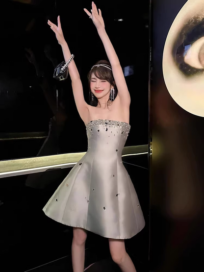 Vintage Silvery Beading Strapless Design A-line Party Dress Homecoming Dress, D1380
