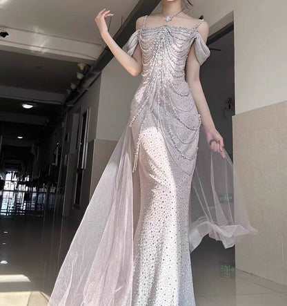 Light Pink Straps Off Shoulder Beading Mermaid Long Formal Party Dress, D282