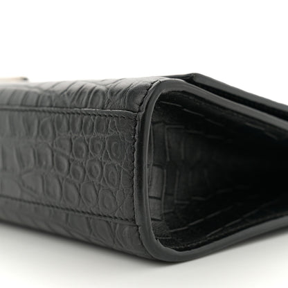 Calfskin Crocodile Embossed Large Classic Monogram Kate Satchel Black