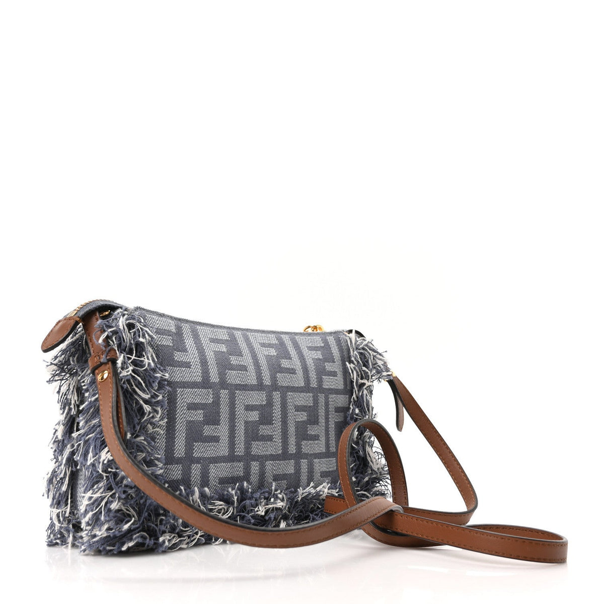 Denim Vitello Fringe FF Embroidered Baguette Pouch Myrtle Dark Nut