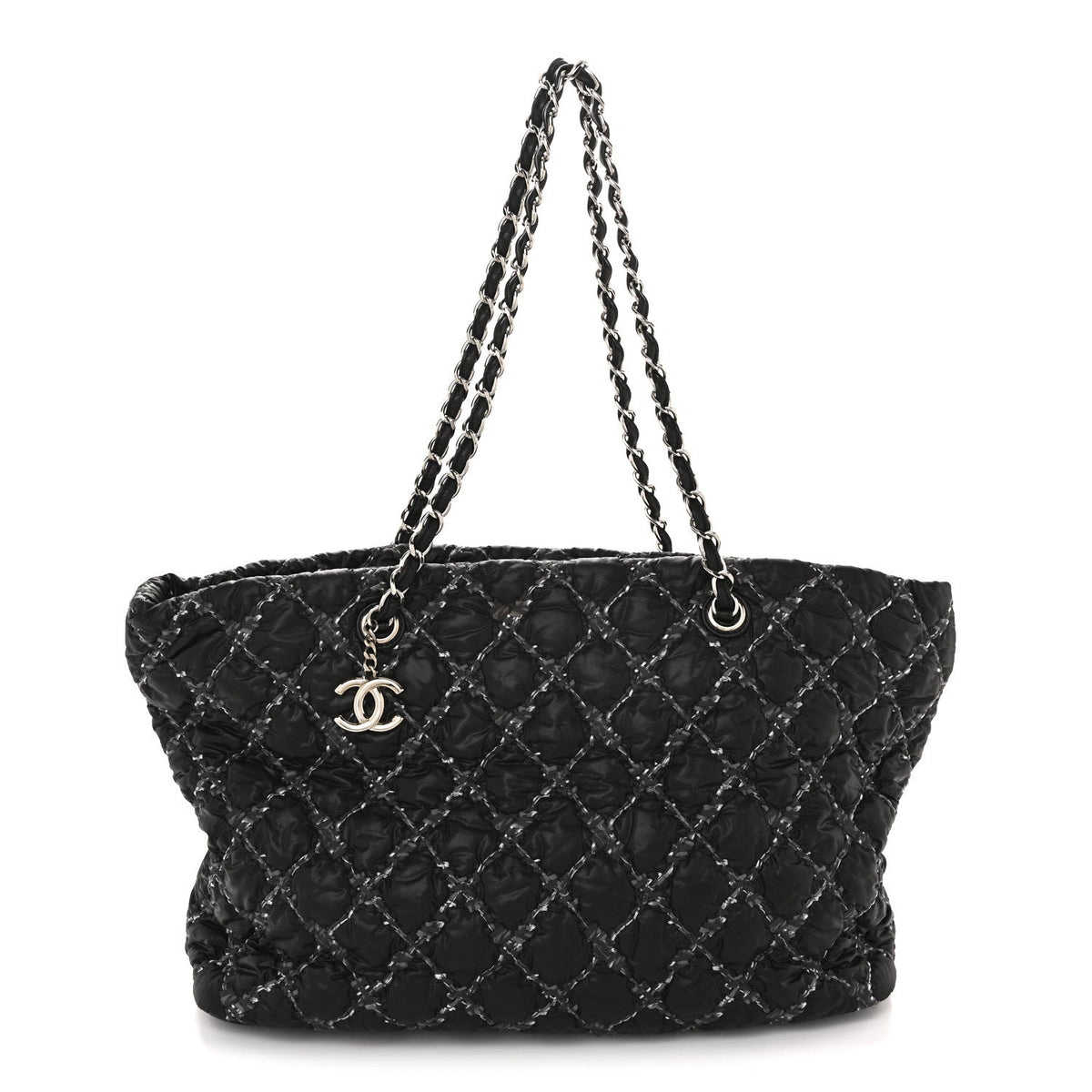Nylon Quilted Tweed Stitch Bubble Tote Black