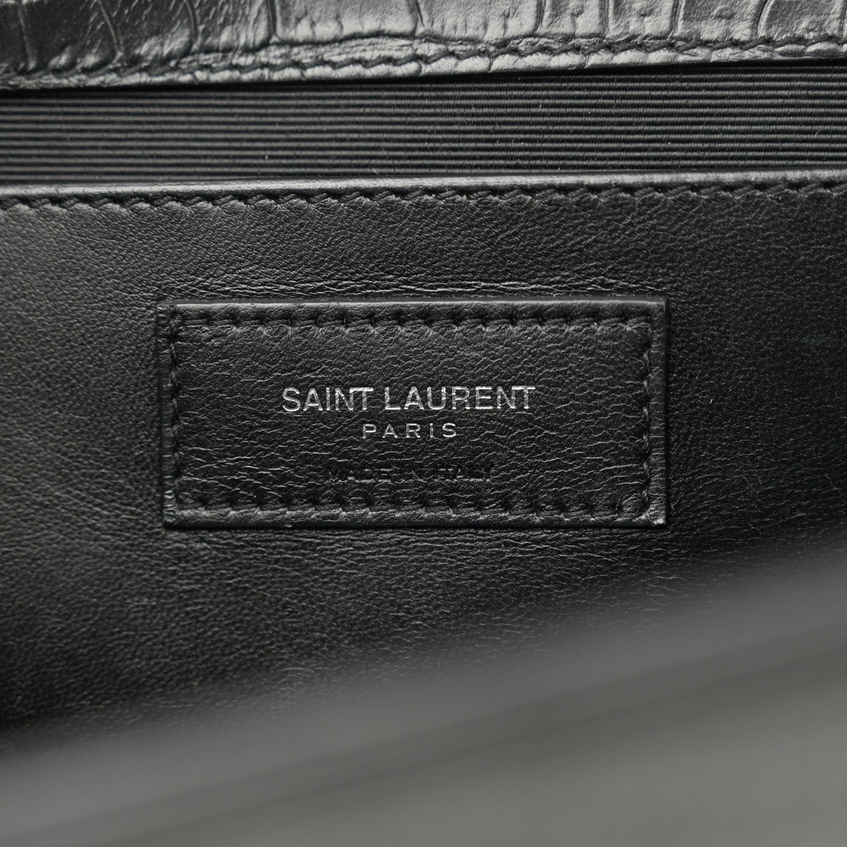Calfskin Crocodile Embossed Large Classic Monogram Kate Satchel Black