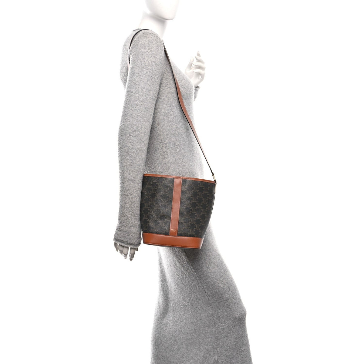 Triomphe Canvas Calfskin Small Bucket Bag Tan