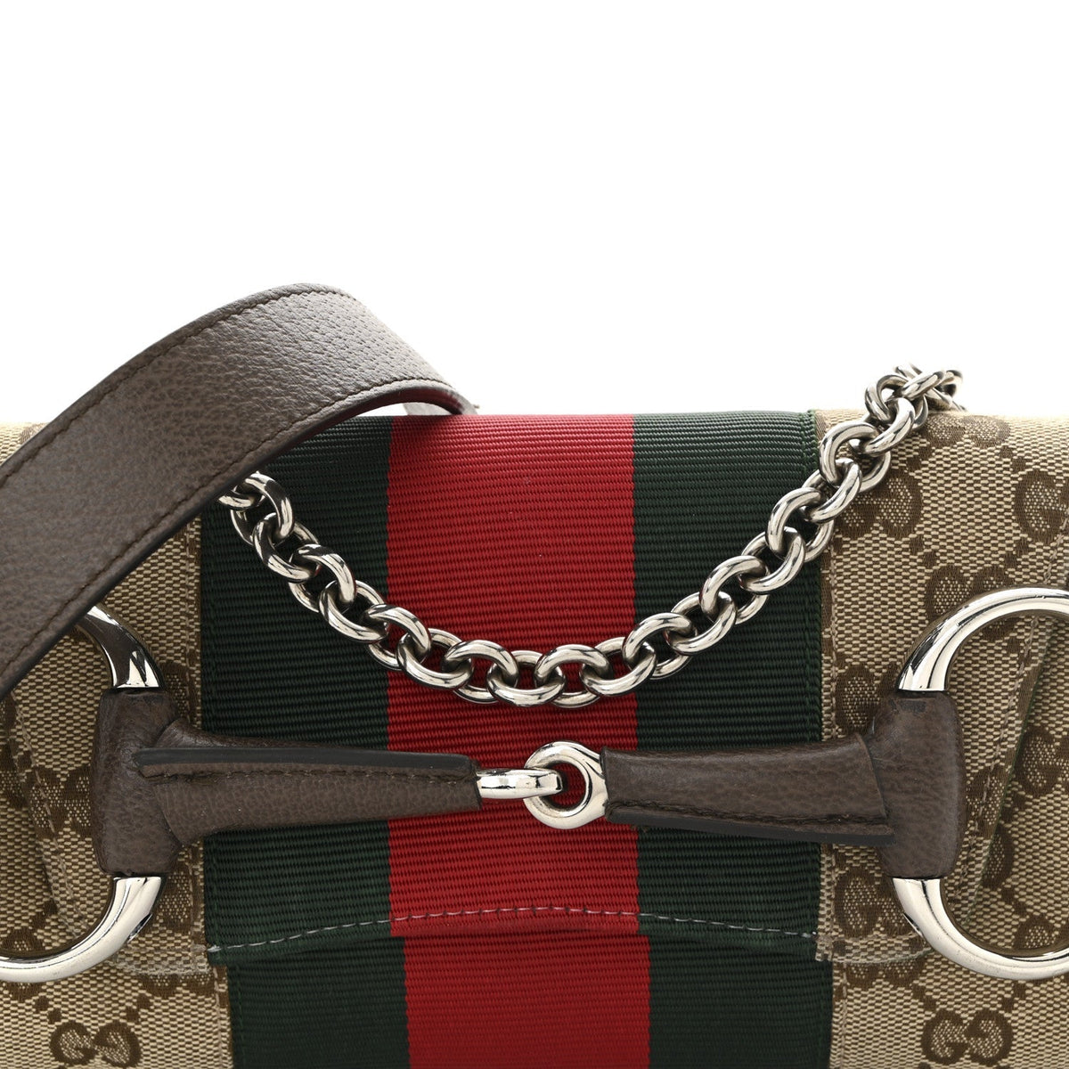 Monogram Textured Dollar Calfskin Heavy Grosgrain Web Medium Maxi Horsebit Chain Shoulder Bag Beige Ebony New Acero