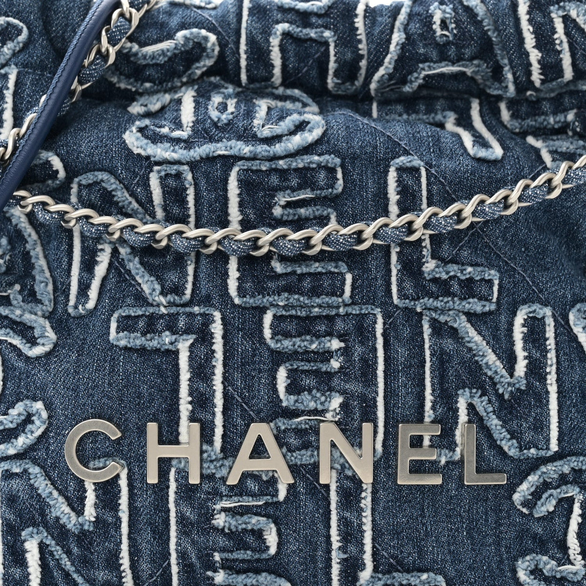 Washed Denim Logo Embroidered Mini Chanel 22 Blue