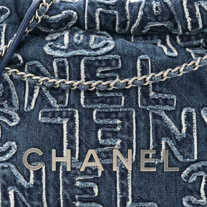 Washed Denim Logo Embroidered Mini Chanel 22 Blue