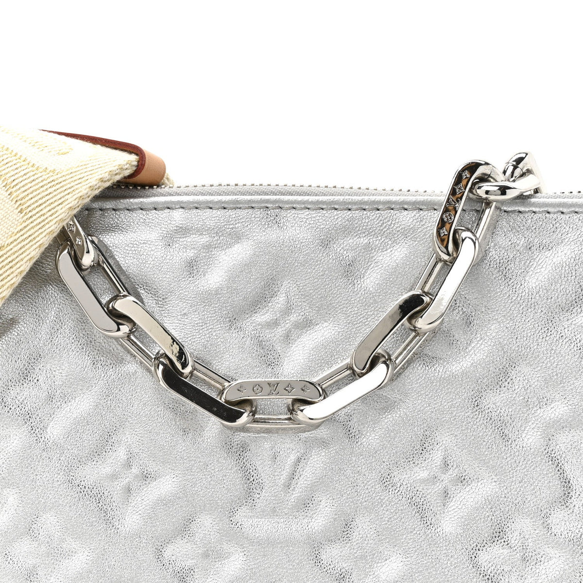 Metallic Lambskin Embossed Monogram Coussin PM Silver