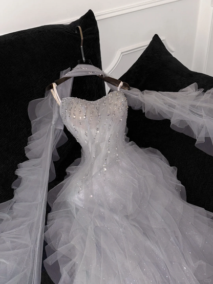 Fashion Sparkling White Beaded Sequin Mermaid Elegant Tulle Evening Dress Prom Dresses D1633