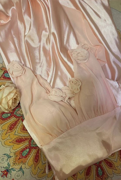 Sweet Pink 3D Rose A Line V Neck Satin Long Prom Dress Date Dress SH3931