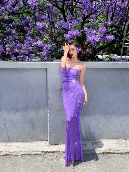 Stunning Sheath Spaghetti Strap Purple Sequin Long Party Dress Evening Dress SH2856