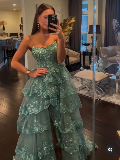 Glitter Blue Strapless A-Line Lace Tiered Long Prom Dress with Split MD7326