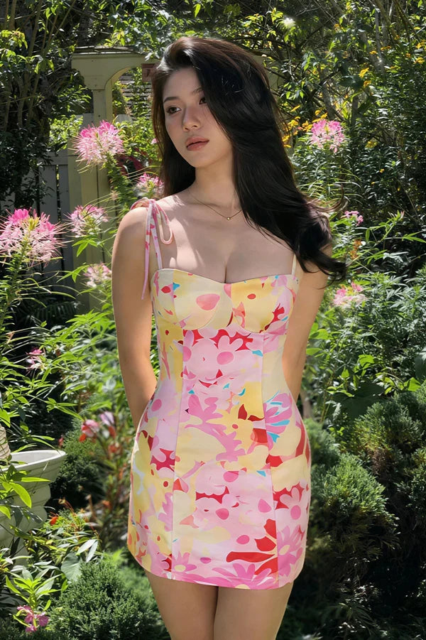 Summer Colorful Sheath Straps Print Floral Satin Short Homecoming Dress Outfits SH5813