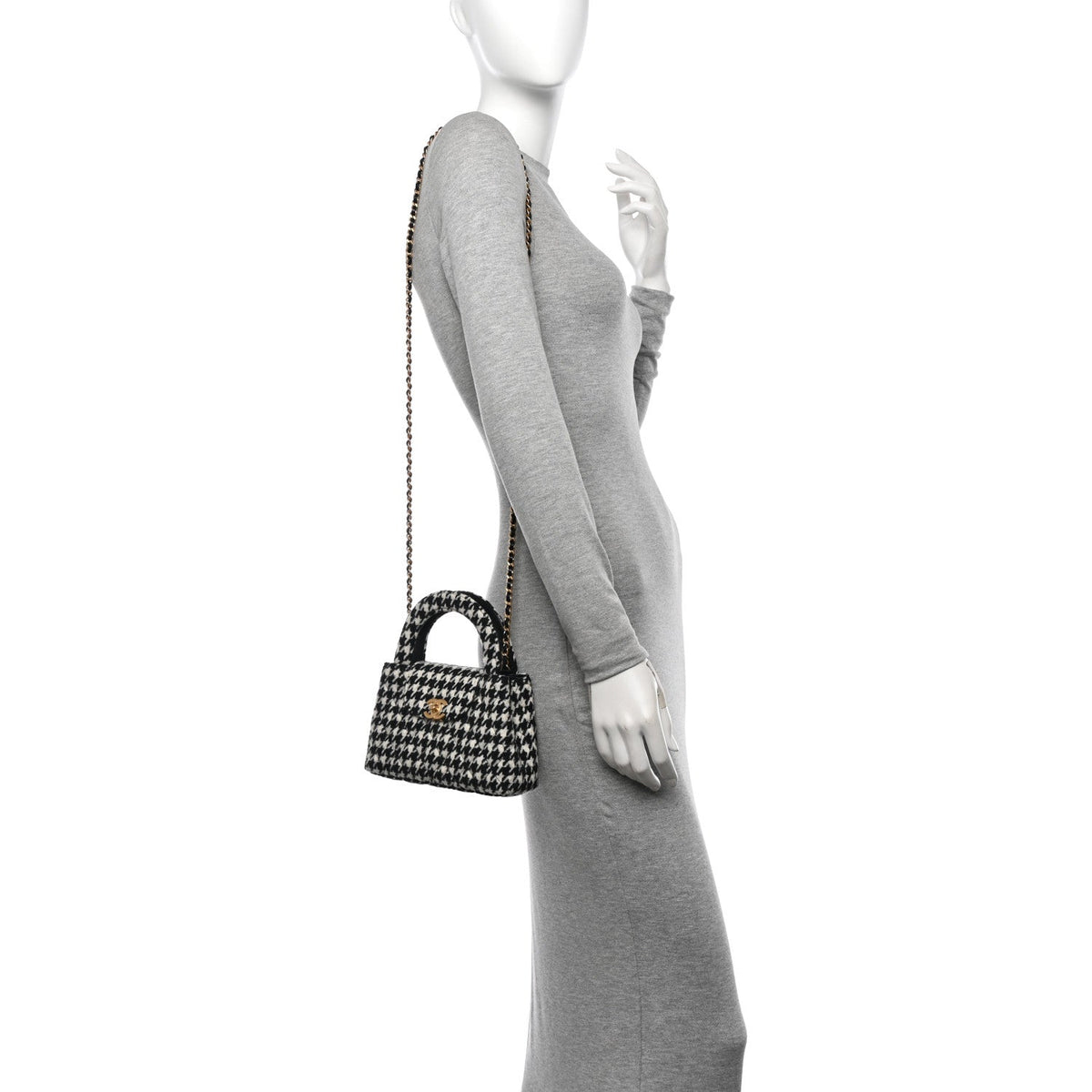 Tweed Houndstooth Quilted Nano Kelly Shopper Black White