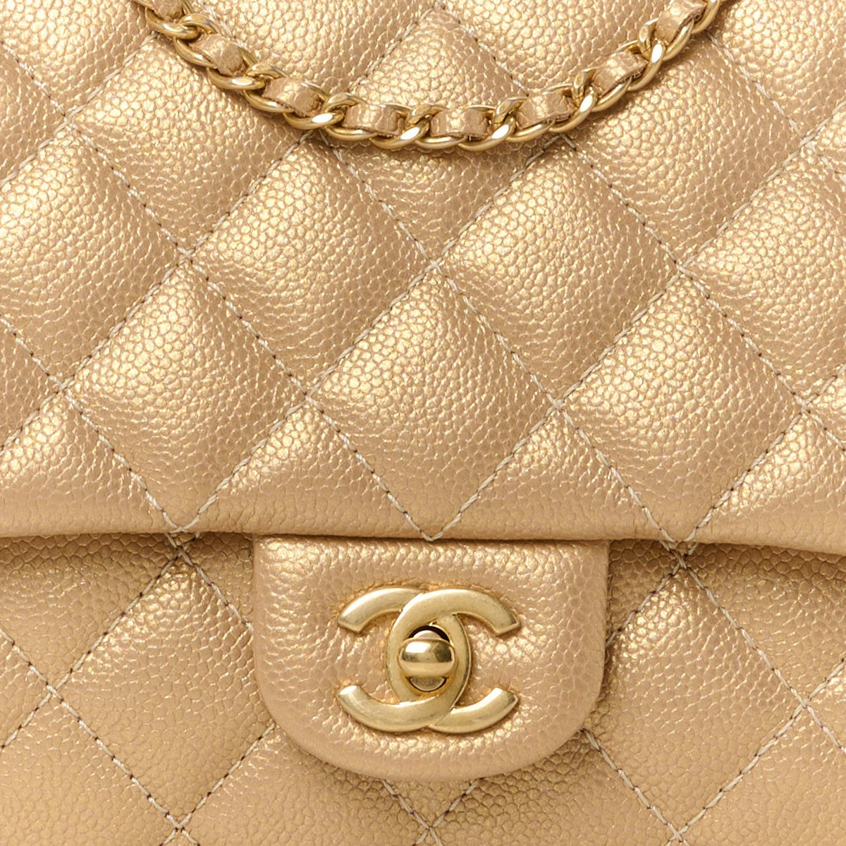 Metallic Caviar Quilted Clutch With Chain Flap Gold