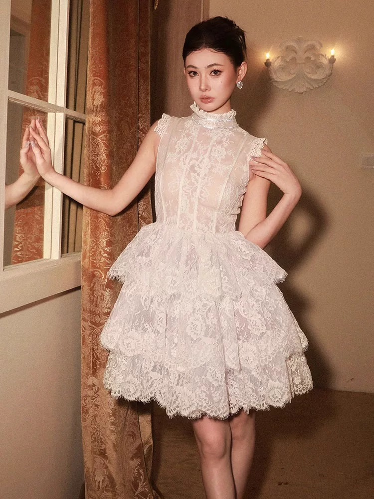 Vintage Beige Applique Design A-line Lace Short Tiered Party Dress Homecoming Dresses D1449