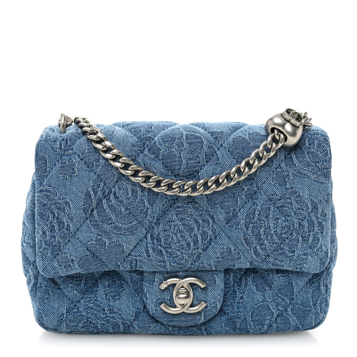 Denim Quilted Camellia Sweetheart Mini Flap Blue