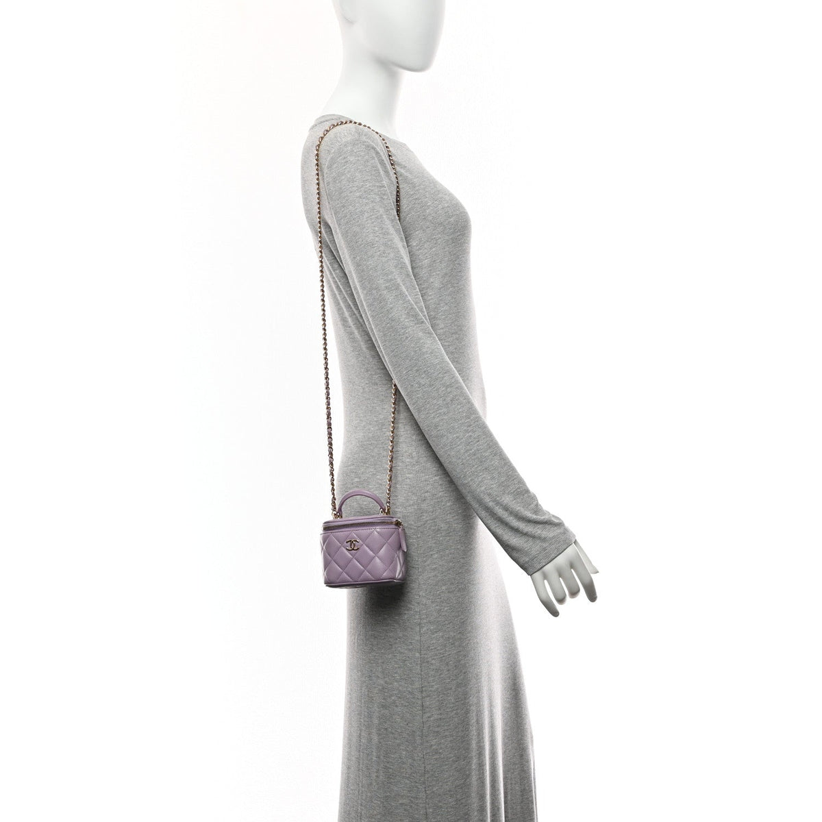 Lambskin Quilted Top Handle Mini Vanity Case With Chain Light Purple