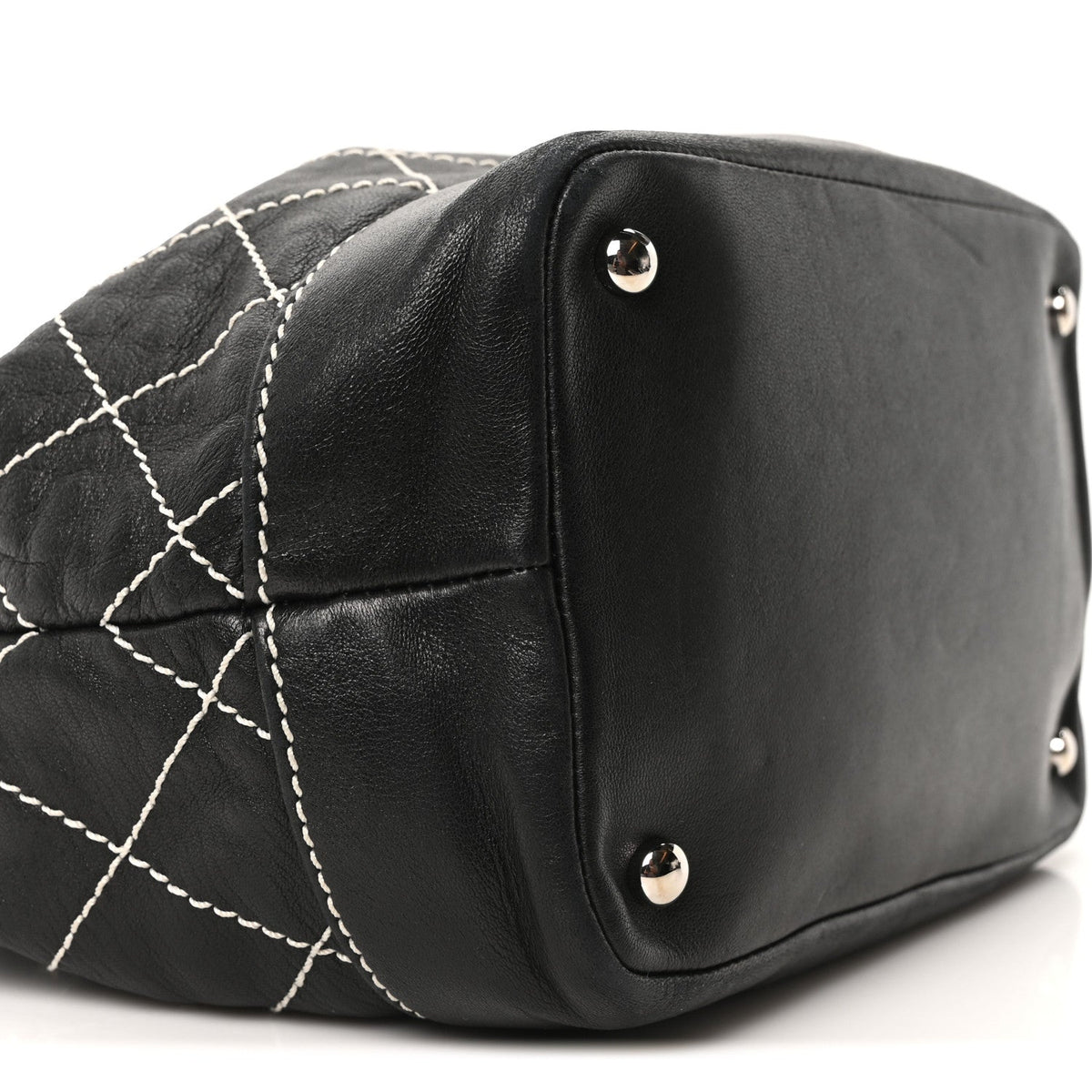 Calfskin Contrast Stitch Surpique Bucket Bag Black