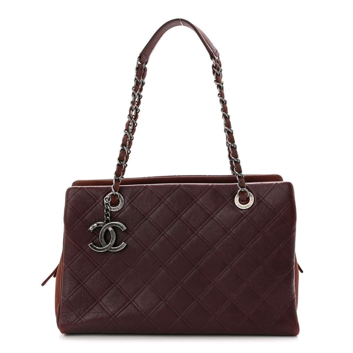 Calfskin Diamond Embossed Large CC Zip Shopping Tote Burgundy
