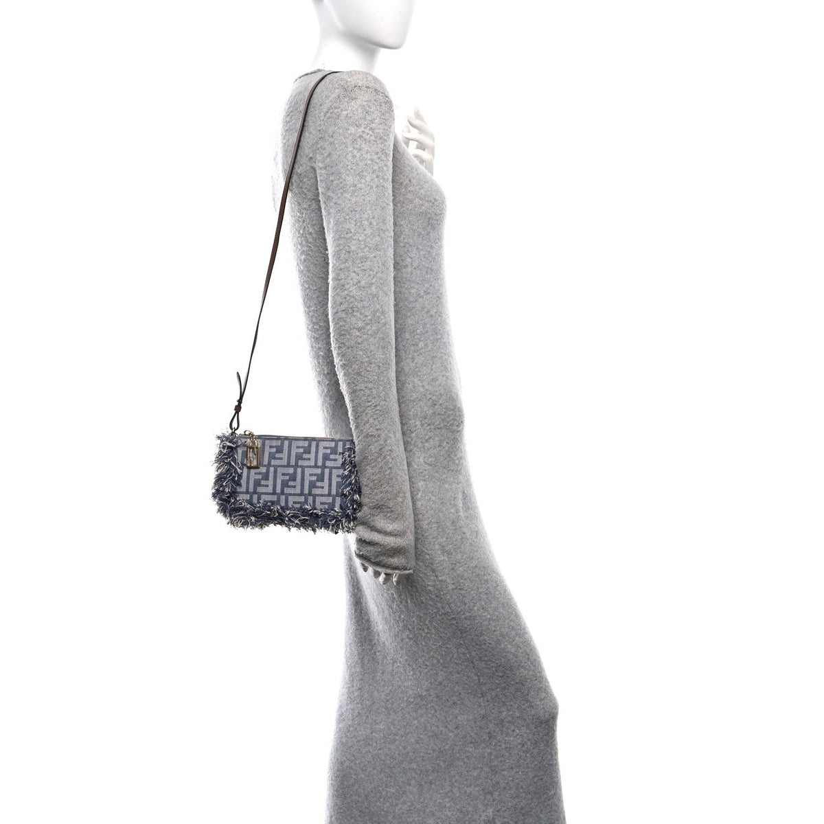 Denim Vitello Fringe FF Embroidered Baguette Pouch Myrtle Dark Nut