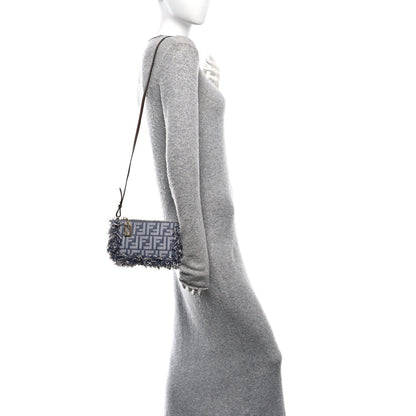 Denim Vitello Fringe FF Embroidered Baguette Pouch Myrtle Dark Nut