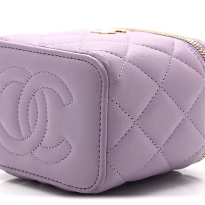 Lambskin Quilted Top Handle Mini Vanity Case With Chain Light Purple