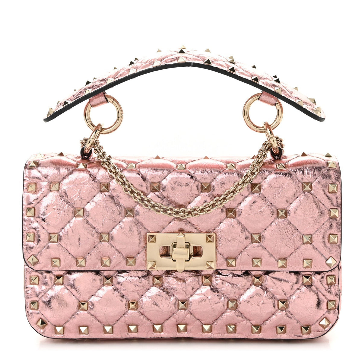 Metallic Wrinkled Lambskin Small Rockstud Spike Shoulder Bag Lipstick