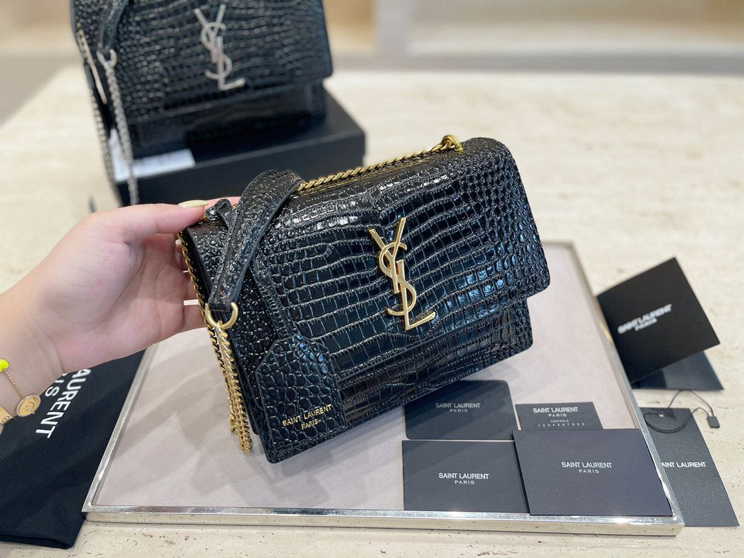 Saint Laurent Womens Medium Sunset Croc-Embossed