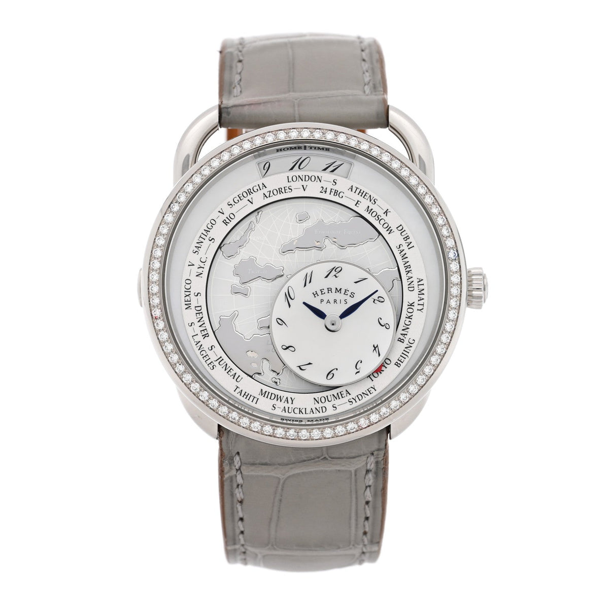 Stainless Steel Alligator Diamond Bezel Mother of Pearl 38mm Arceau Le Temps Voyageur Automatic Watch Gris Perle