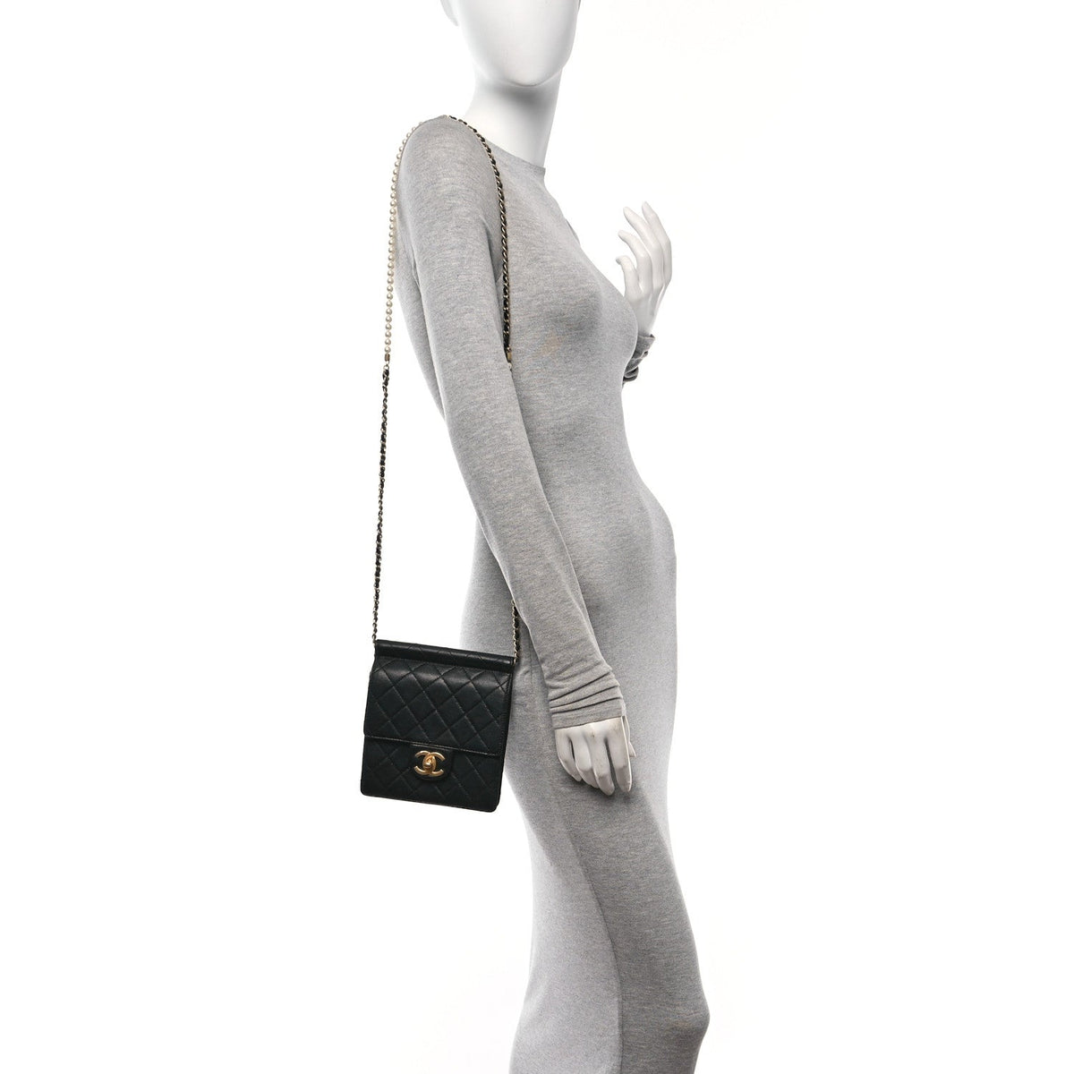 Goatskin Quilted Chic Pearls Flap Black