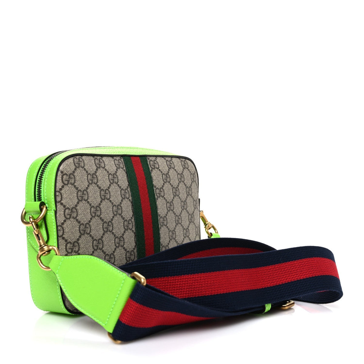 GG Supreme Monogram Textured Dollar Calfskin Web Ophidia Wristlet Shoulder Bag Beige Ebony Green