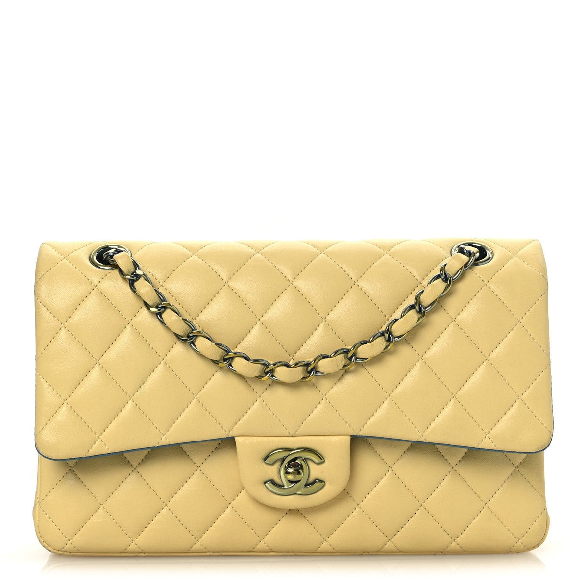 Lambskin Quilted Medium Double Flap Yellow Blue