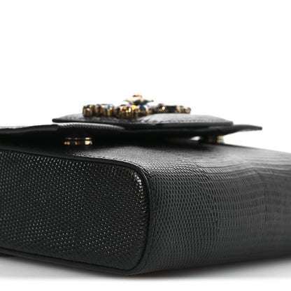 Lizard Embossed Crystal Embellished DG Millennials Mini Crossbody Bag Black
