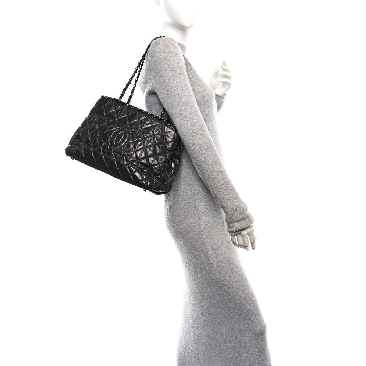 Metallic Aged Calfskin Quilted Small Chain Me Tote Dark Silver