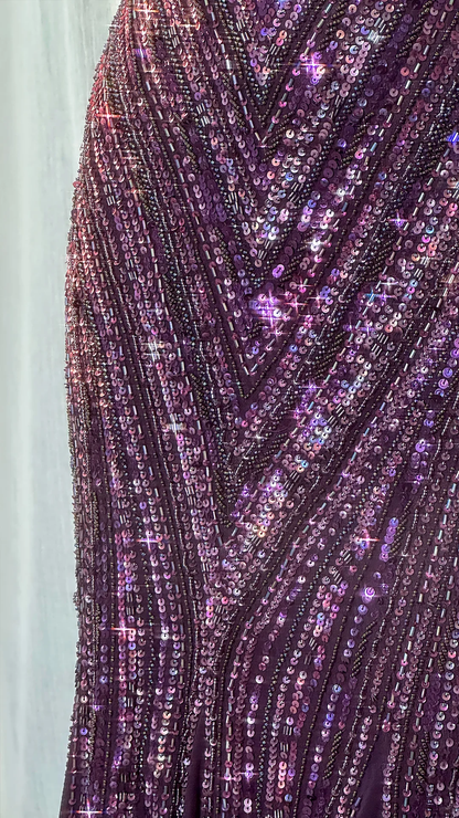 Gorgeous Purple Beaded Sequin V-neck Mermaid Elegant Chiffon Evening Dress Prom Dresses D1613