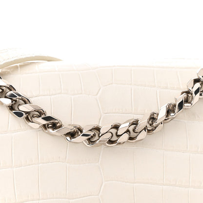 Shiny Calfskin Crocodile Embossed Knuckle Jeweled Crossbody White