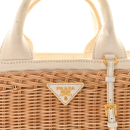 Canvas Wicker Shoulder Bag White Tan