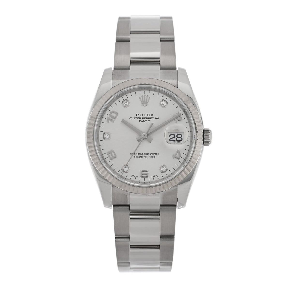 Stainless Steel 18K White Gold Diamond 34mm Oyster Perpetual Date Watch Silver 115234