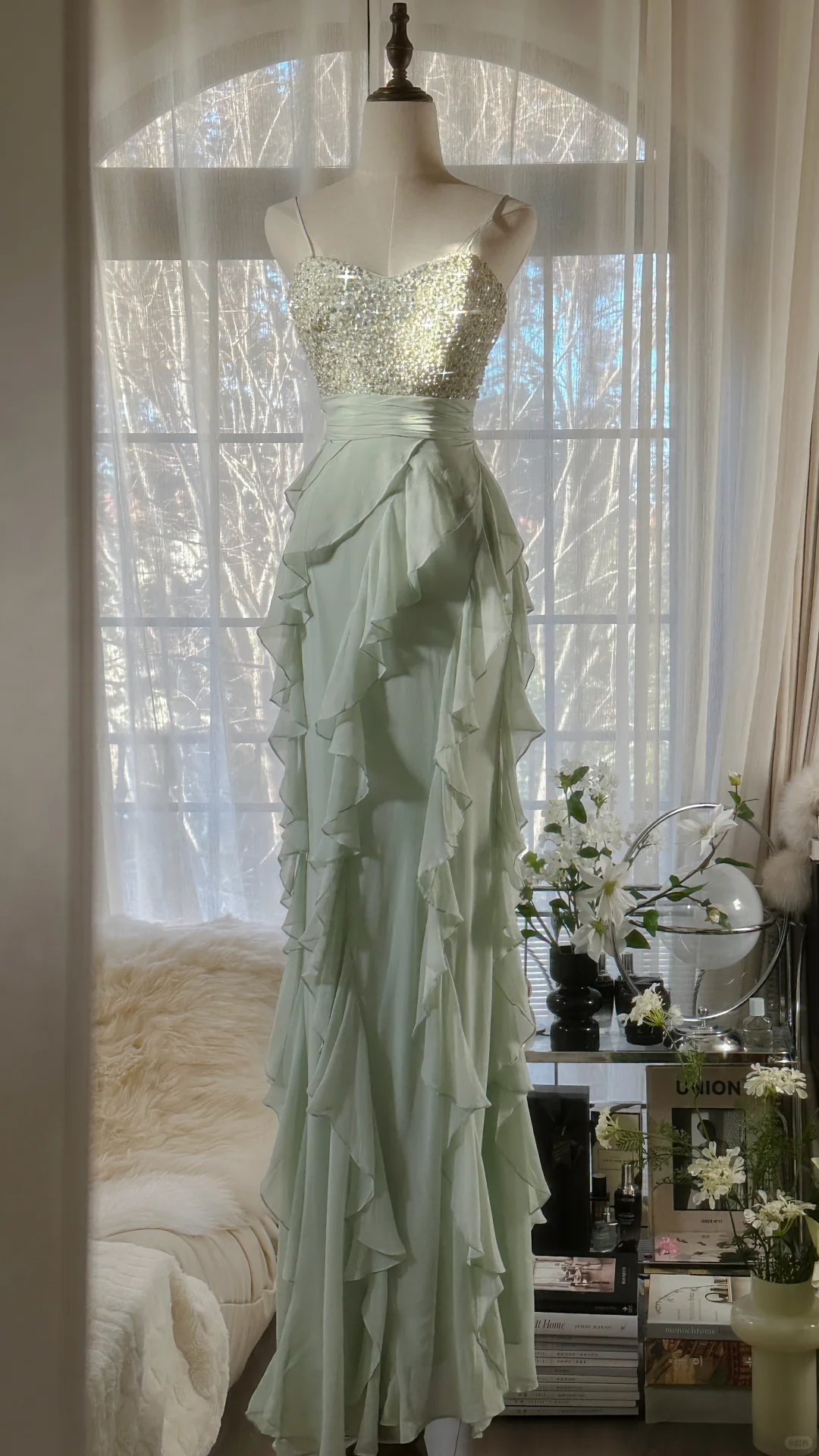 Vintage Light Green Shiny Spaghetti Strap Design Romantic Chiffon Evening Dress Prom Dress D1510