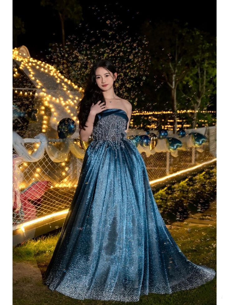 Navy Blue Strapless A-Line Beading Satin long Formal Party Dress MD7474