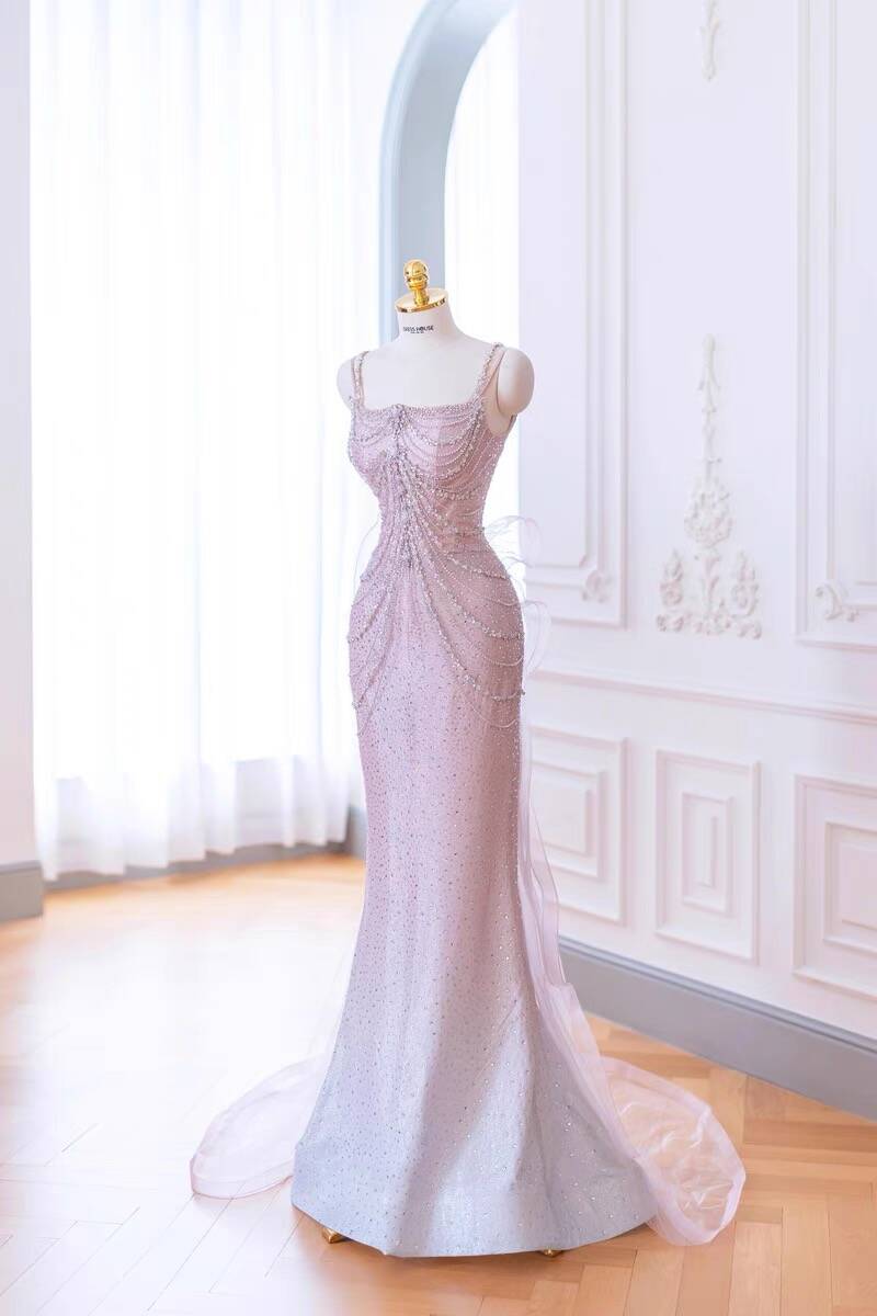 Light Pink Straps Off Shoulder Beading Mermaid Long Formal Party Dress, D282