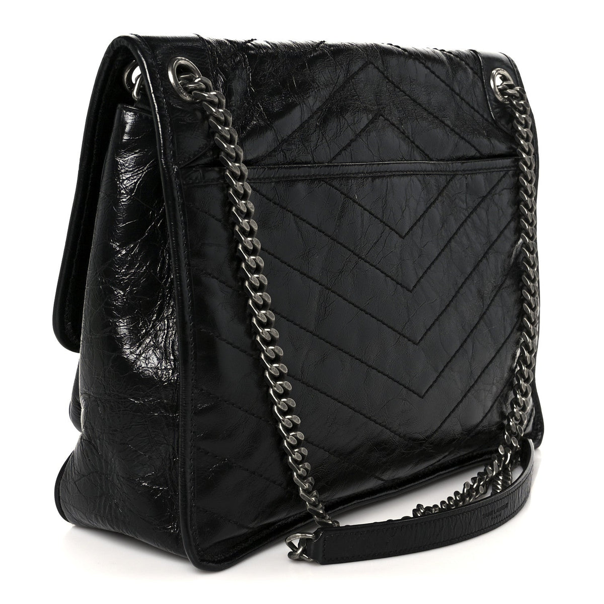 Crinkled Calfskin Matelasse Monogram Large Niki Chain Satchel Black